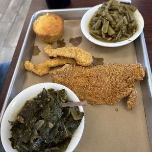 Catfish-Fried, Southern-Style Greens, Green Beans,