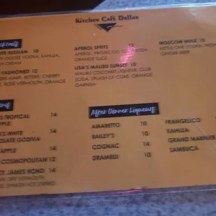 Drink menu