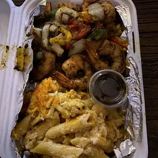 Shrimp and rice with Mac and cheese