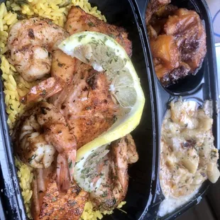 Salmon, jerk macaroni, shrimp , sweet potatoes