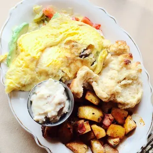 The omelette with everything and potatoes and biscuit breakfast side of gravy. Wowzers.