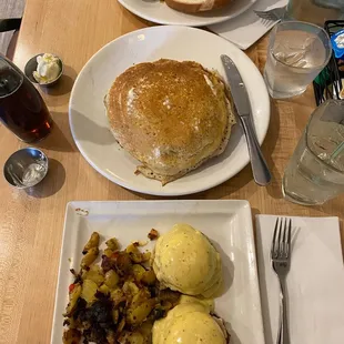 Crab Benedict - buttermilk pancakes - omelet