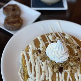 Pumpkin pie pancakes with a side of maple sausage