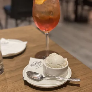 Vanilla ice cream with an aperol spritz