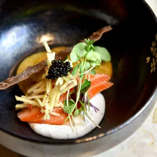 House Smoked King Salmon with Passmore Ranch Caviar,  Braeburn Apples, Fuyu Persimmons, and Mustard Cream