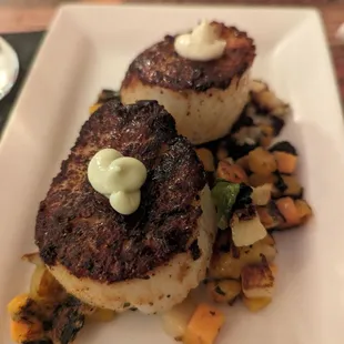 Scallops with root veggies hash.