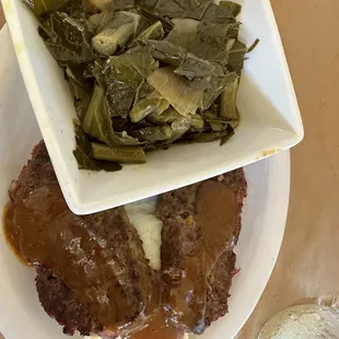 Meatloaf, mashed potatoes, collard greens