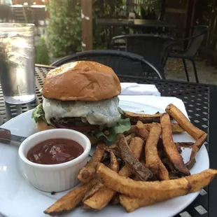 Black bean veggie burger &amp; homemade fresh fries!