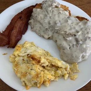 Biscuit &amp; Gravy with cheese eggs and bacon