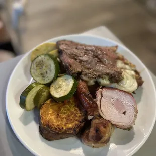 a plate of meat and vegetables
