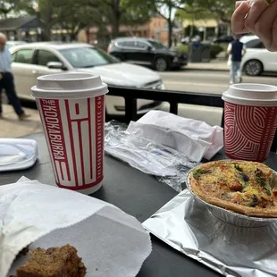 Banana nut bread , and veggie pie . Flat white with oat milk  , mocha nut with cocunut milk