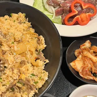 K4. Kimchi Fried Rice, BBQ Beef marinade, various banchan (side dishes)