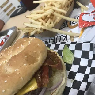 a hamburger and fries
