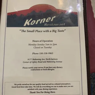 the menu for the small place with a big taste