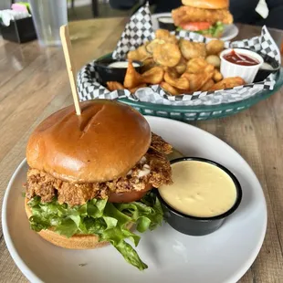 Fried Chicken Sandwich and Spudnik Fries and Pickles