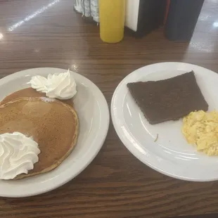 Pumpkin pancakes, homemade scrapple and farm fresh eggs