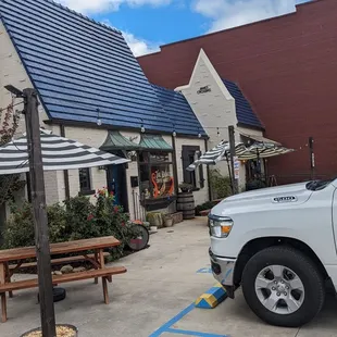 a white truck parked in front of the building