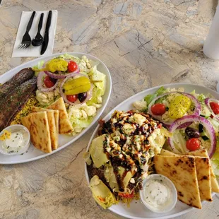 Gyro platter and grilled center cut pork chops with sun-dried tomatoes.