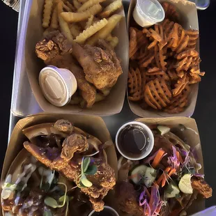 Kids chicken and fries, sweet potato fries, Nashville hot &amp; honey butter sriracha