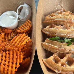 Sweet potato fries with fluff dipping sauce, waffles and honey butter