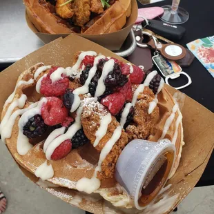 Absolutely delicious! Crispy or shall I say KRISPY chicken and the most AMAZING WAFFLE! Berries and a cream cheese glaze oh my!