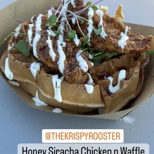 a plate of chicken waffles