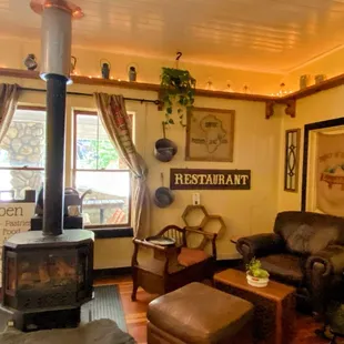 A seating area inside Bunny Slope Cafe at the Kyburz Lodge in Kyburz, CA
