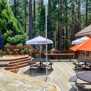 Outside seating on patio of Bunny Slope Cafe in Kyburz, CA