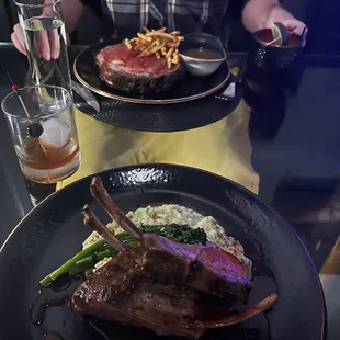 Lamb with risotto for me, steak for him.
