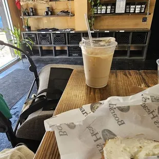 Their bagel is made in the house #nowonderitssogood  Iced chai latte for Saturday