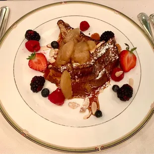 Brioche French Toast caramelized Anjou pear, caramel sauce, almonds $18.  5*