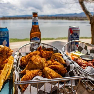 Fried chicken &amp; Waffles, Fried Chicken, Wings, Lake Beers