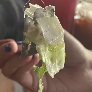 Chicken salad with giant hair covered in ranch dressing.