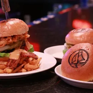 two burgers and fries