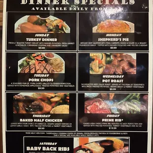 a menu for dinner specials