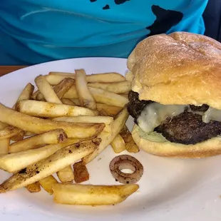Mushroom and Swiss burger side of fries