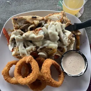 Chicken philly &amp; onion rings