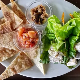 Chicken lettuce wrap with cinnamon sugar chips and our famous fruit salsa!