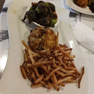 Hand cut fries, crabcake, and Brussel sprouts