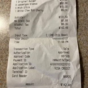 a receipt for a restaurant