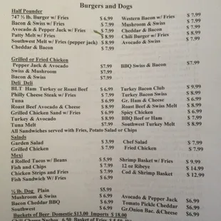 Lunch and bar food menu