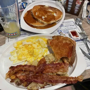 Two egg, Meat, and Hash brown breakfast