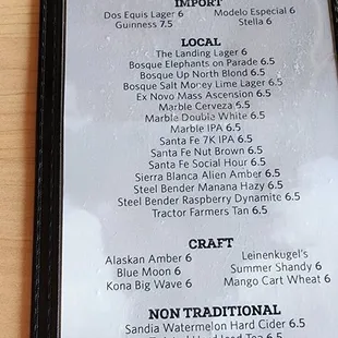 Drink menu