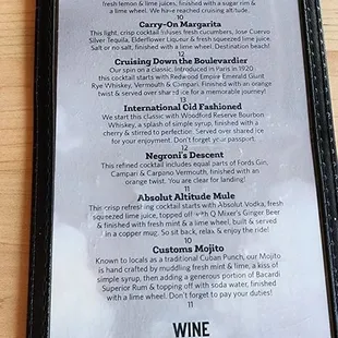 Cocktail menu
