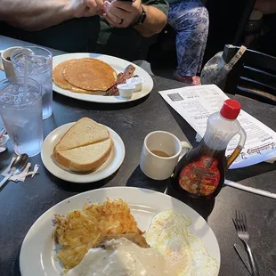 Country fried steak and eggs and pancakes with GREAT bacon