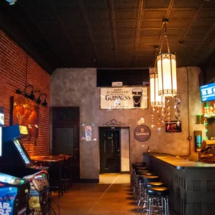 the interior of a bar with stools