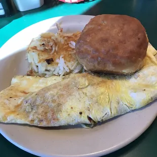 Western Omelet with hash browns and a biscuit.