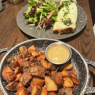 Potatoes and omelet.