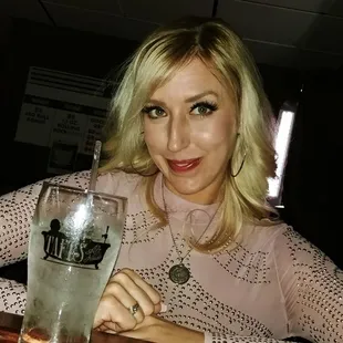 a woman with a glass of water