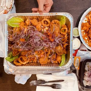 Salchicha and fries, fried seafood plate, rice plate and ceviche! Delicious!